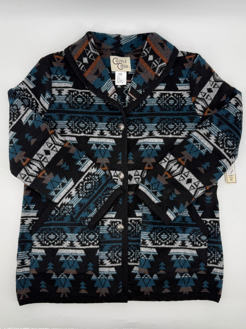 Cripple Creek Southwestern Aztec Fleece Jacket Women XXL Teal Black Button